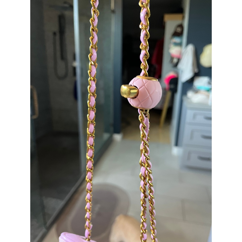 Pink Quilted Mini Vanity Case Crossbody Bag Gold Chain Flower Charm Boho Chic - Picture 8 of 12